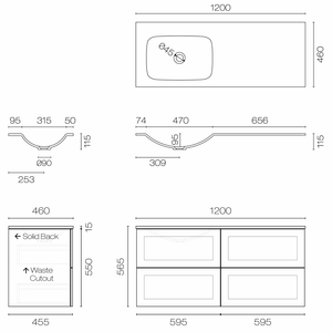 Progetto Vanity Hampton Spio 1200 4 Drawer Vanity Left Basin