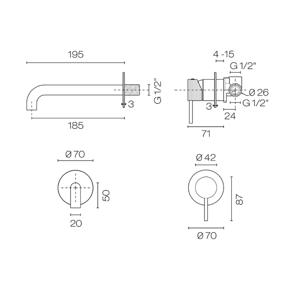 Plumbline Basin Taps Oli 316 Wall Mount Mixer with Linea Handle