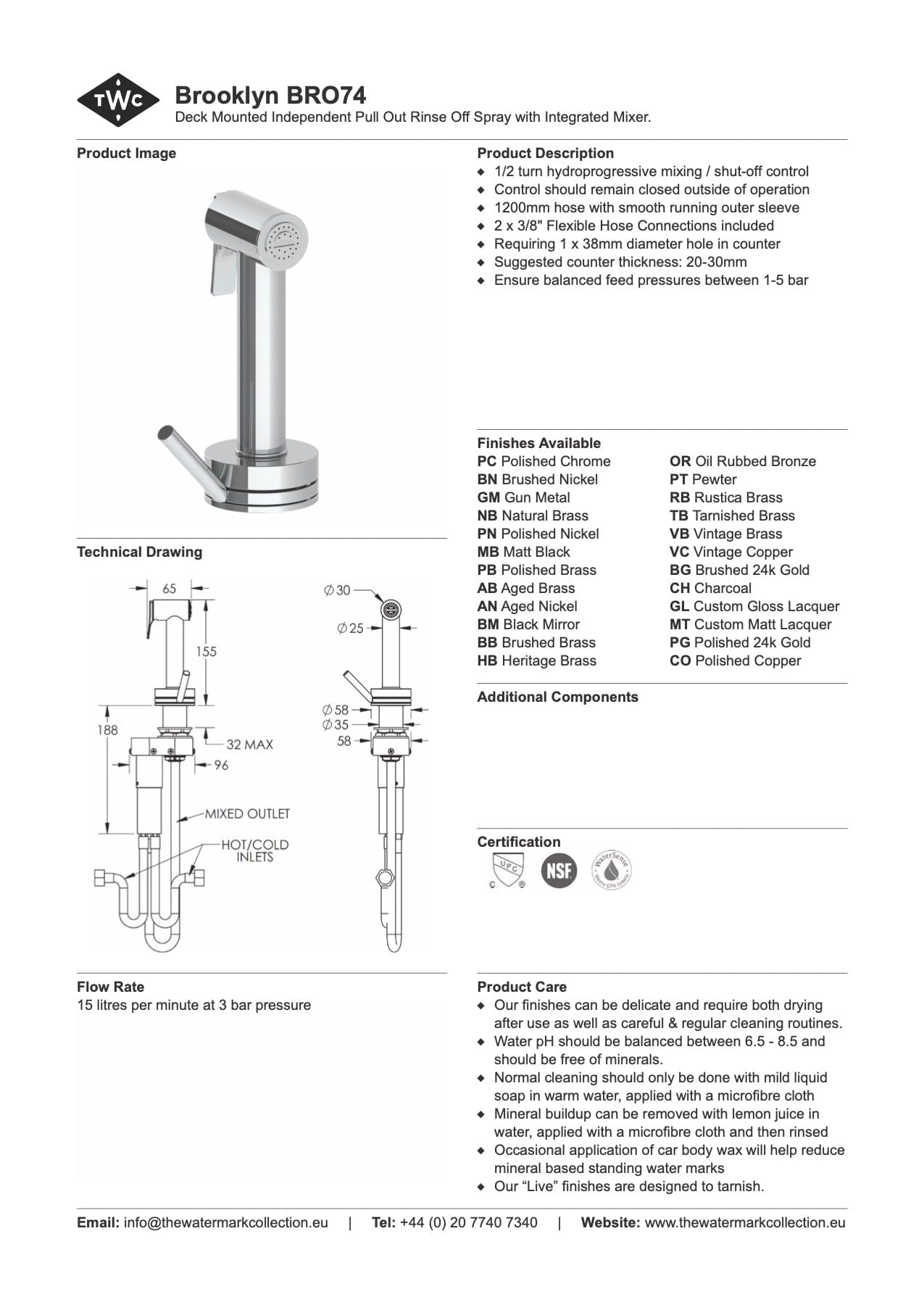 The Watermark Collection Kitchen Taps Polished Chrome The Watermark Collection Brooklyn Independent Pull Out Rinse Spray with Integrated Mixer