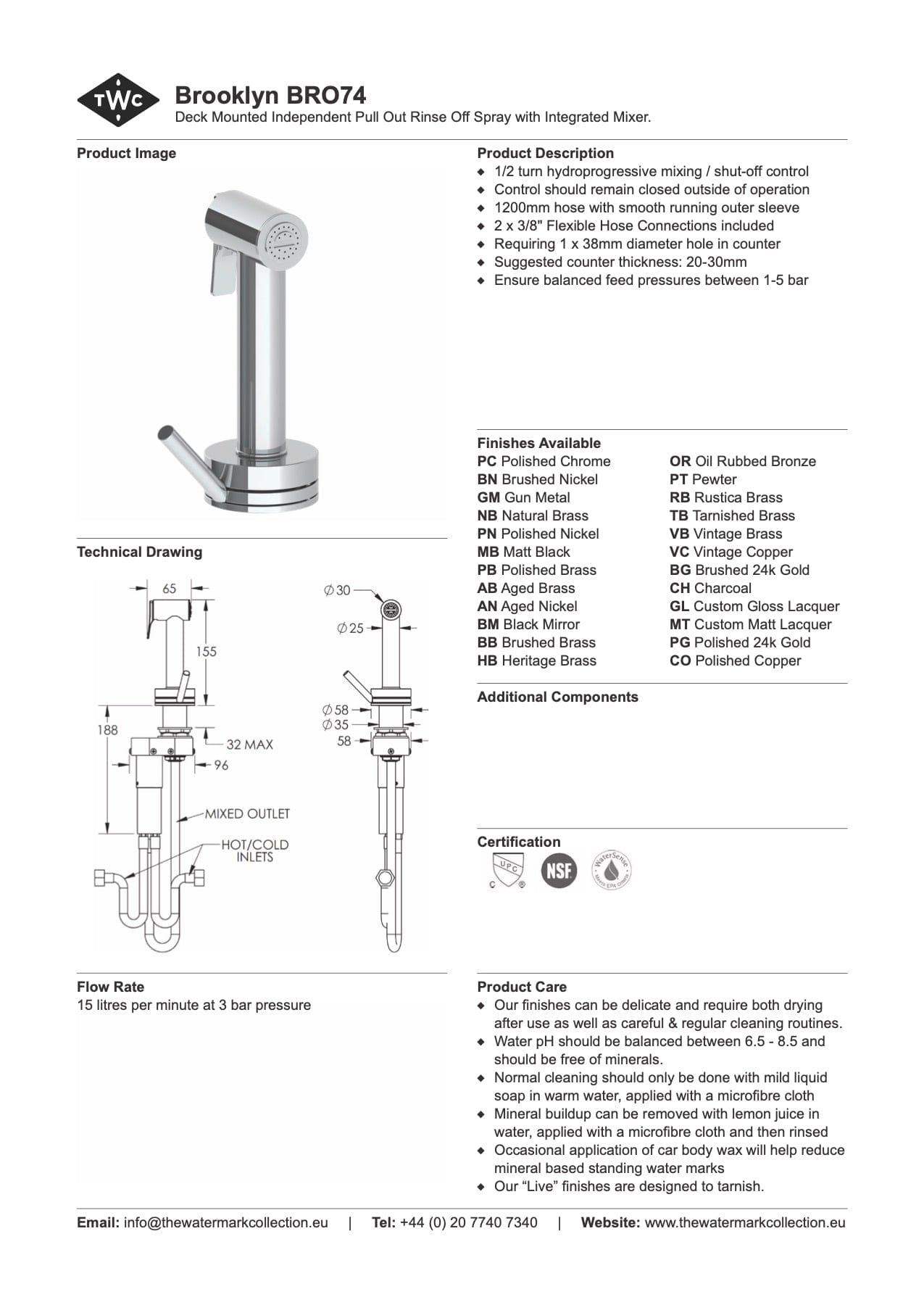 The Watermark Collection Kitchen Taps Polished Chrome The Watermark Collection Brooklyn Independent Pull Out Rinse Spray with Integrated Mixer