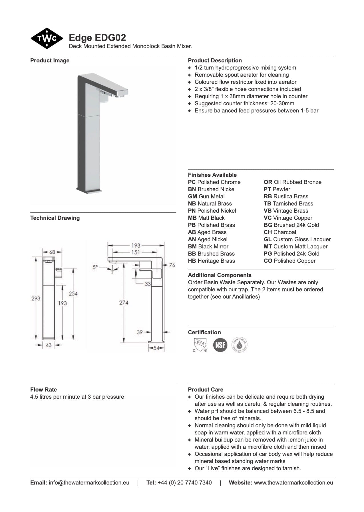 The Watermark Collection Basin Taps Polished Chrome The Watermark Collection Edge Extended Monoblock Basin Mixer