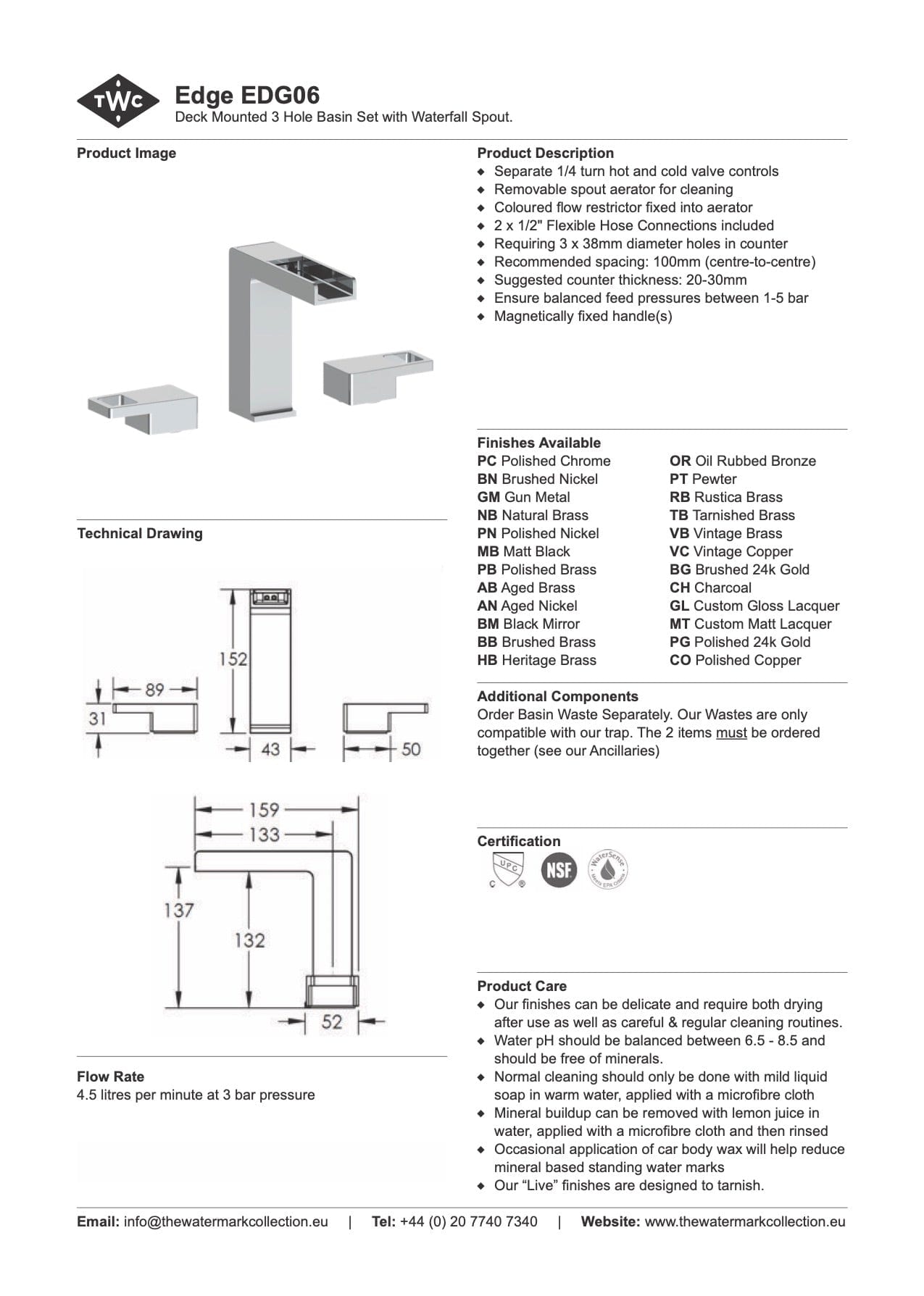 The Watermark Collection Basin Taps Polished Chrome The Watermark Collection Edge 3 Hole Basin Set with Waterfall Spout