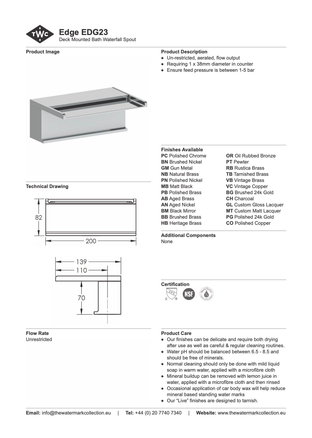 The Watermark Collection Spouts Polished Chrome The Watermark Collection Edge Hob Mounted Bath Waterfall Spout