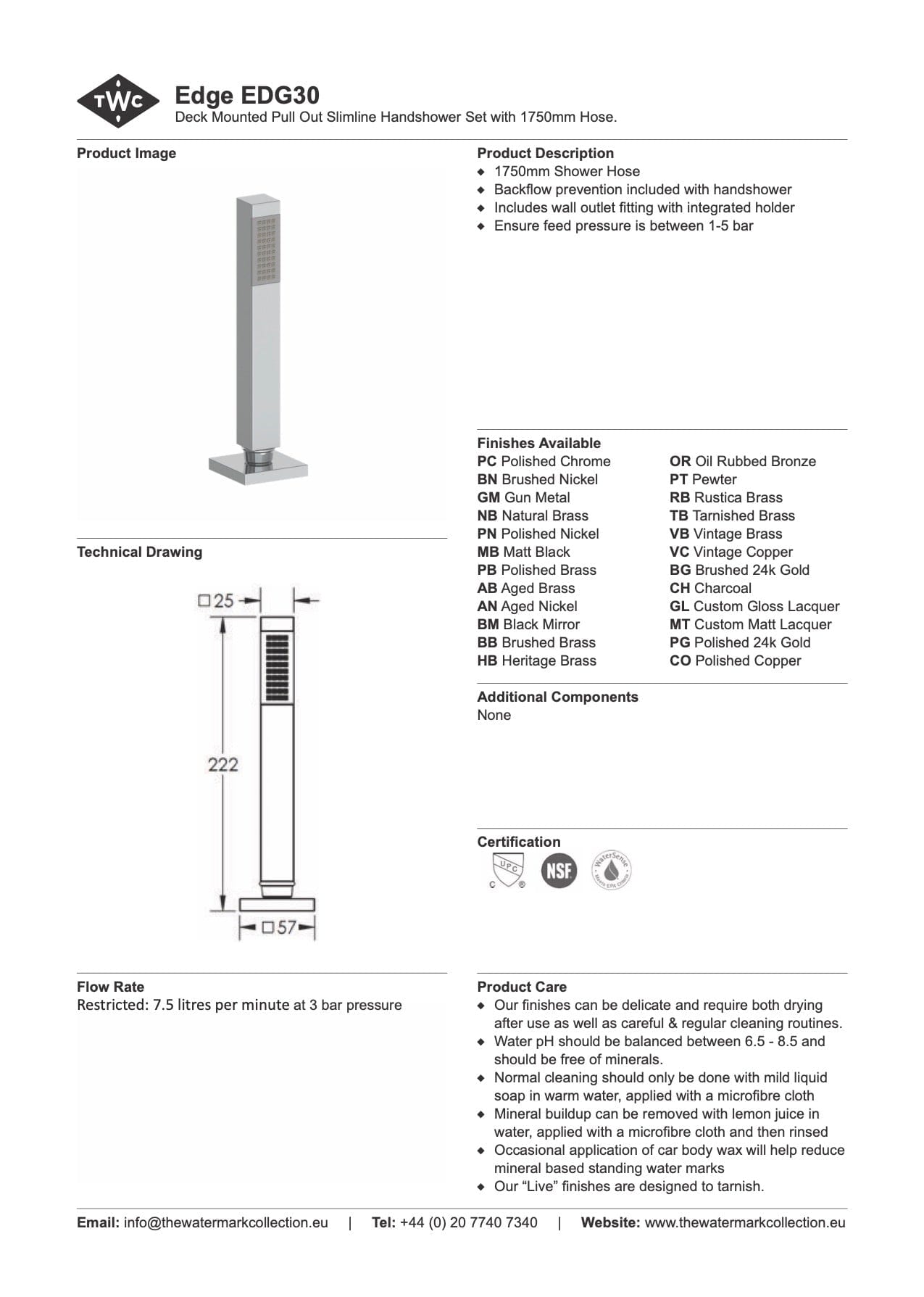 The Watermark Collection Showers Polished Chrome The Watermark Collection Edge Hob Mounted Pull Out Hand Shower