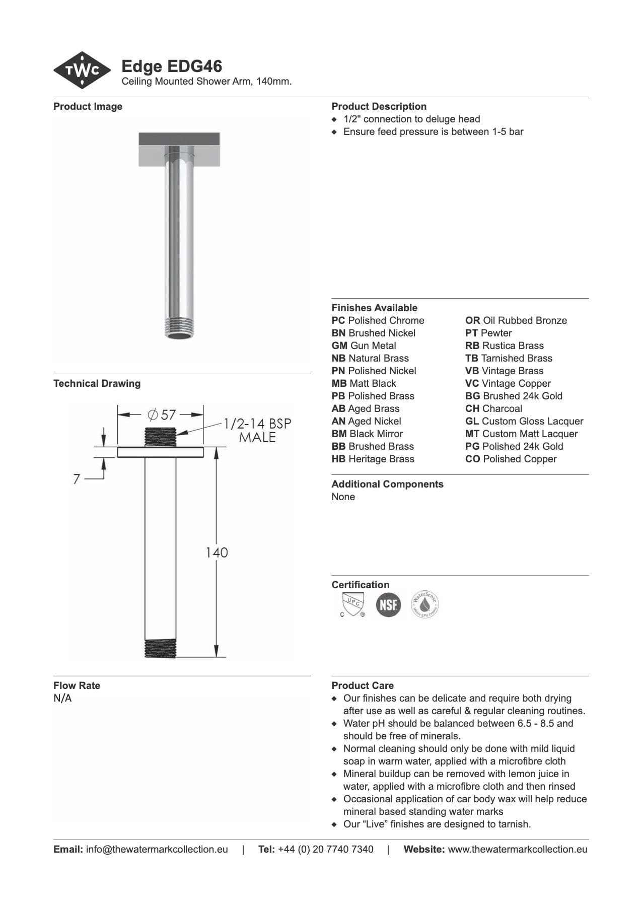 The Watermark Collection Showers Polished Chrome The Watermark Collection Edge Ceiling Mounted Shower Arm 140mm