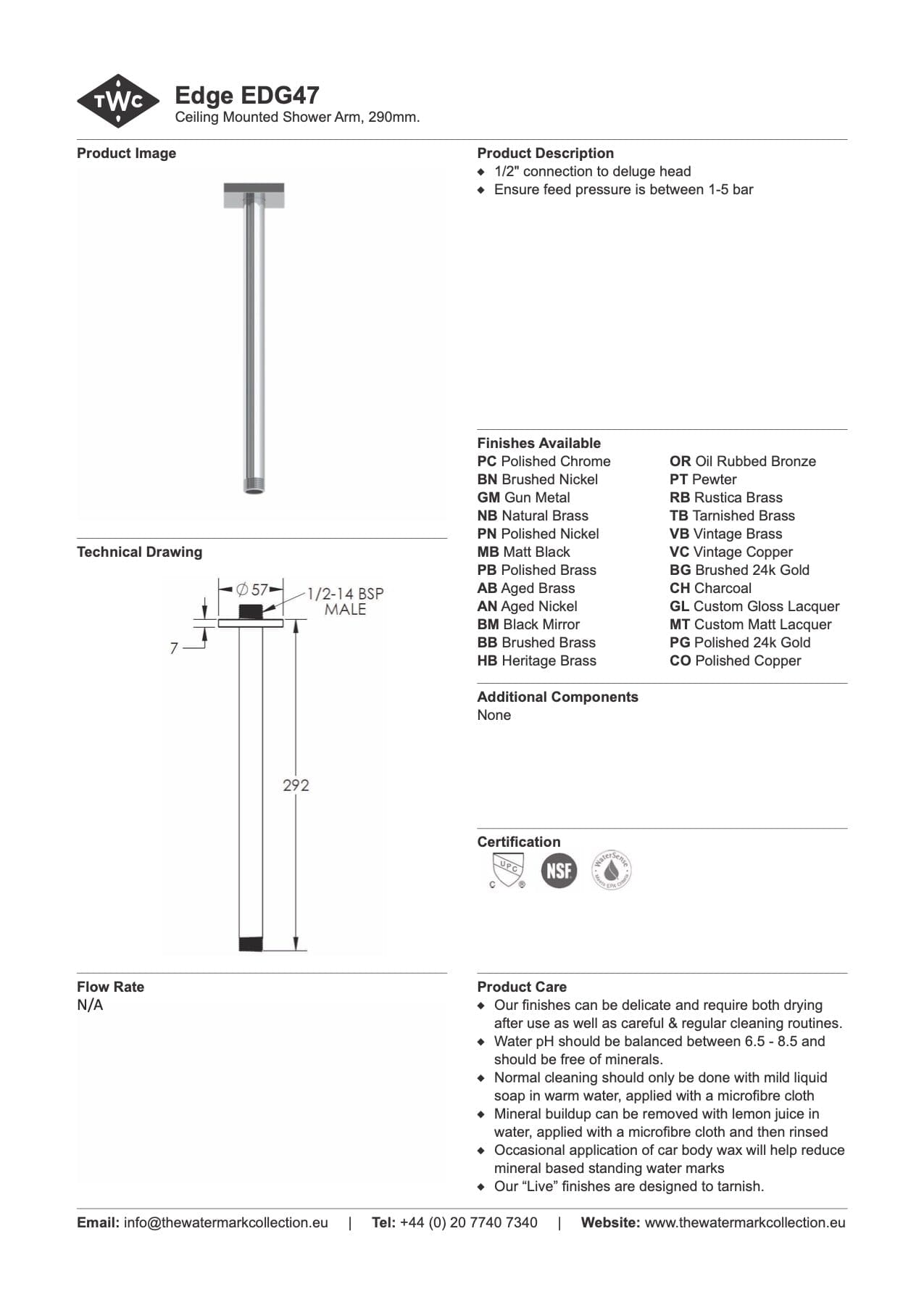 The Watermark Collection Showers Polished Chrome The Watermark Collection Edge Ceiling Mounted Shower Arm 290mm