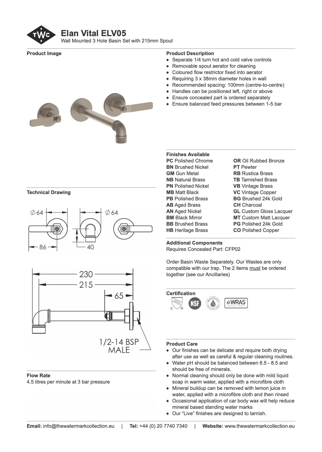 The Watermark Collection Basin Taps Polished Chrome The Watermark Collection Elan Vital Wall Mounted 3 Hole Basin Set with 215mm Spout