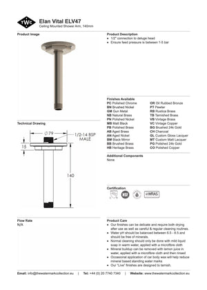 The Watermark Collection Shower Polished Chrome The Watermark Collection Elan Vital Ceiling Mounted Shower Arm 140mm
