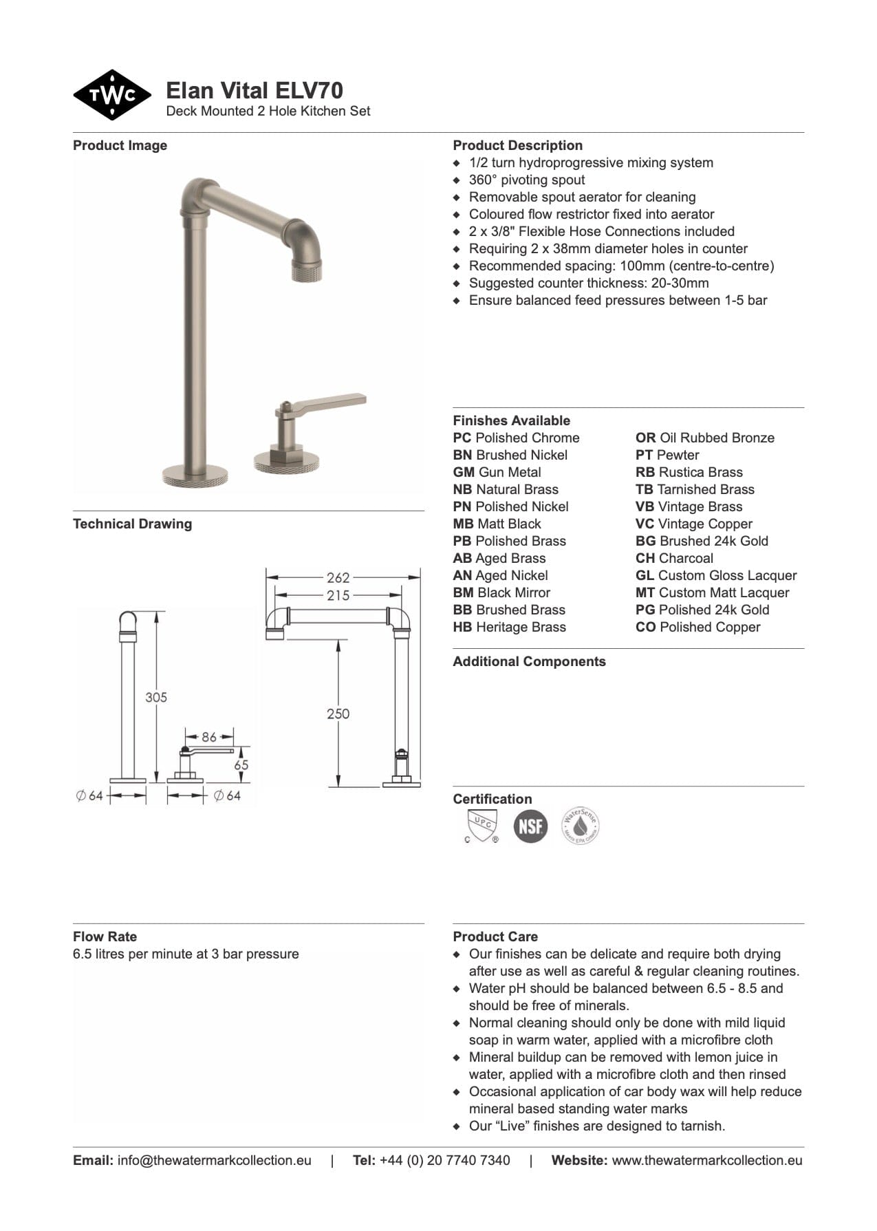 The Watermark Collection Kitchen Tap Polished Chrome The Watermark Collection Elan Vital 2 Hole Kitchen Set