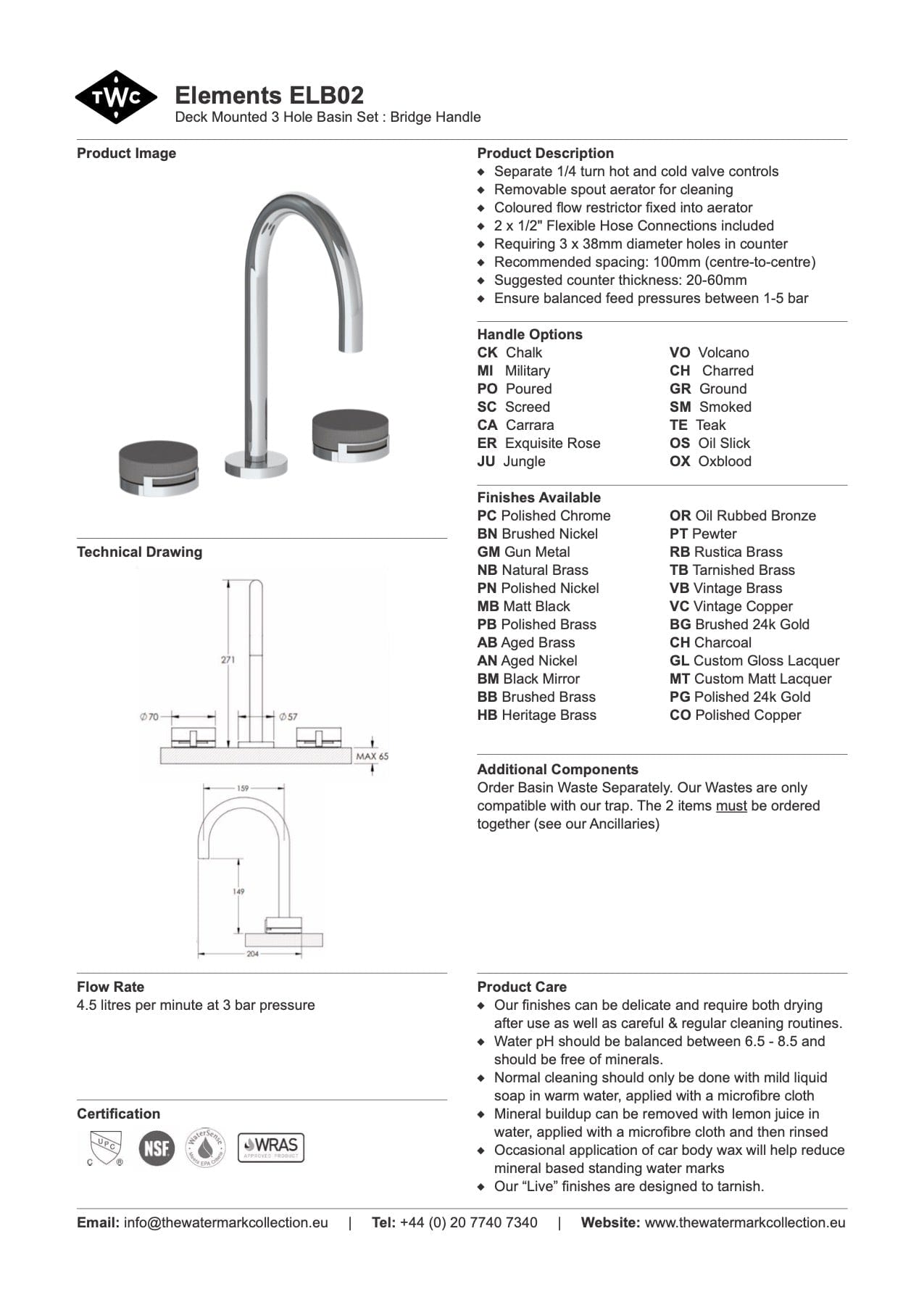 The Watermark Collection Basin Taps The Watermark Collection Elements 3 Hole Basin Set | Bridge Insert