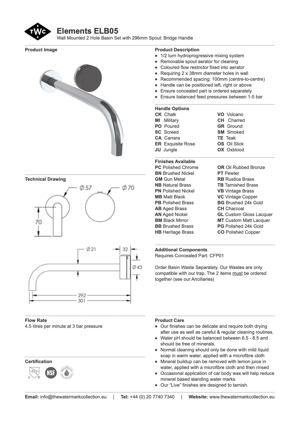 The Watermark Collection Basin Taps The Watermark Collection Elements Wall Mounted 2 Hole Basin Set with 296mm Spout | Bridge Insert