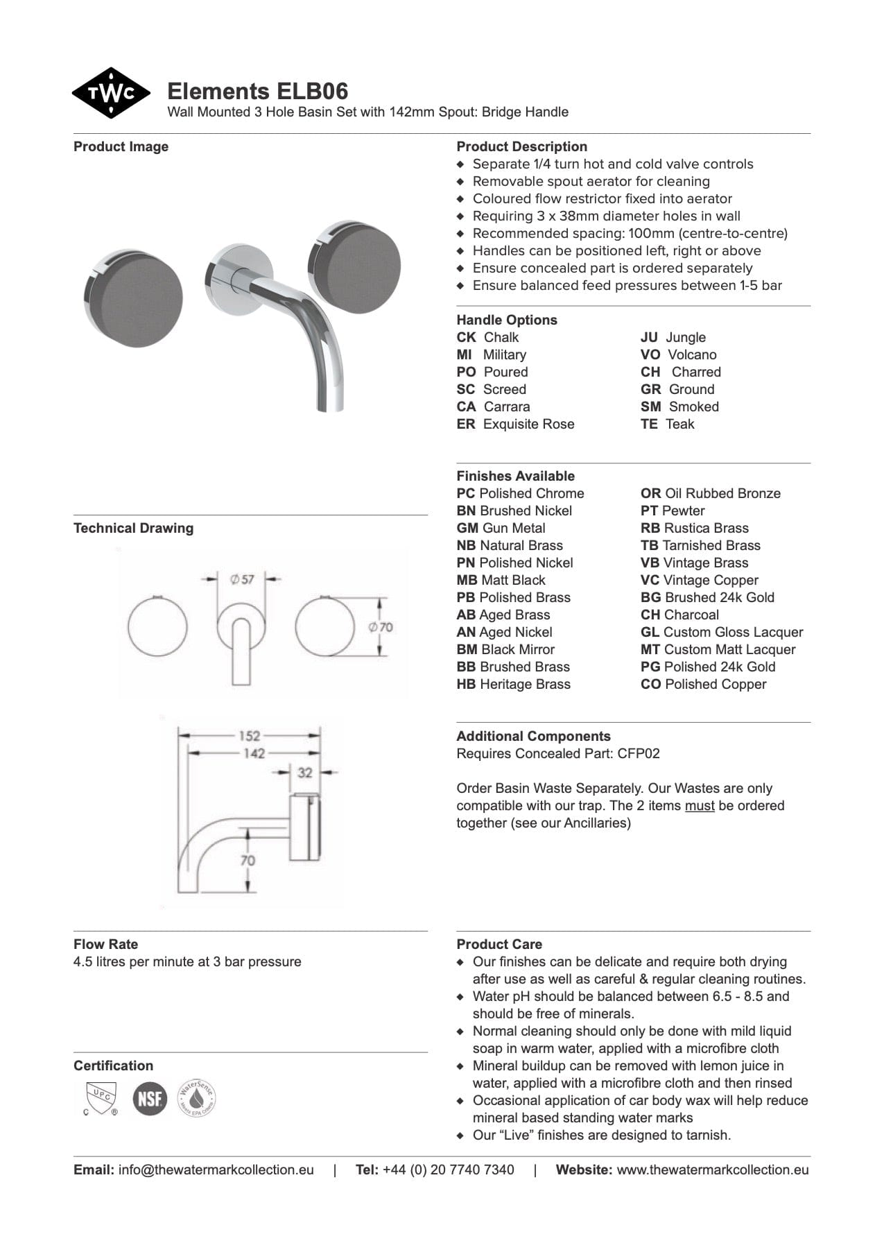 The Watermark Collection Basin Taps The Watermark Collection Elements Wall Mounted 3 Hole Basin Set with 142mm Spout | Bridge Insert