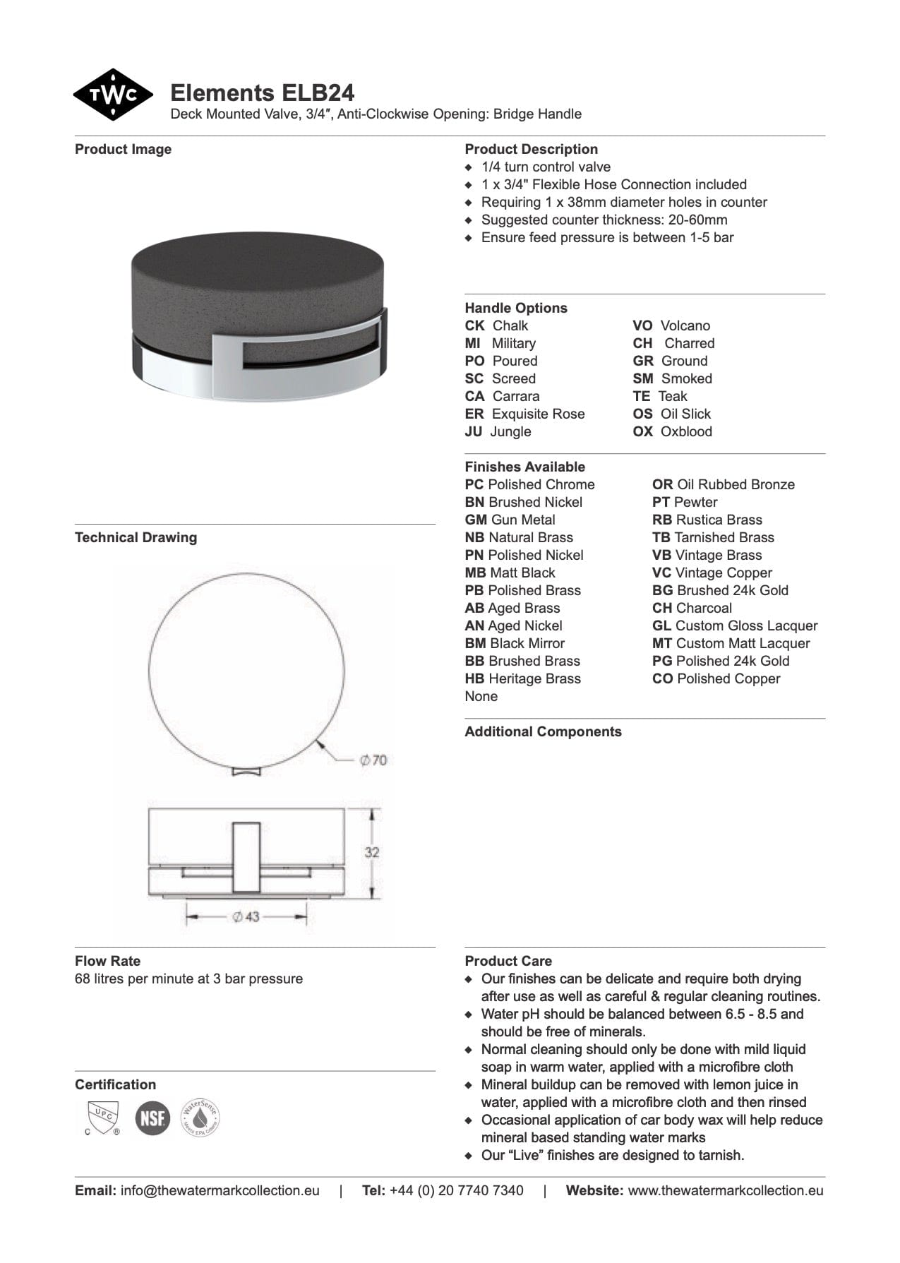 The Watermark Collection Mixer The Watermark Collection Elements Hob Mounted Mixer Anti-Clockwise Opening | Bridge Insert