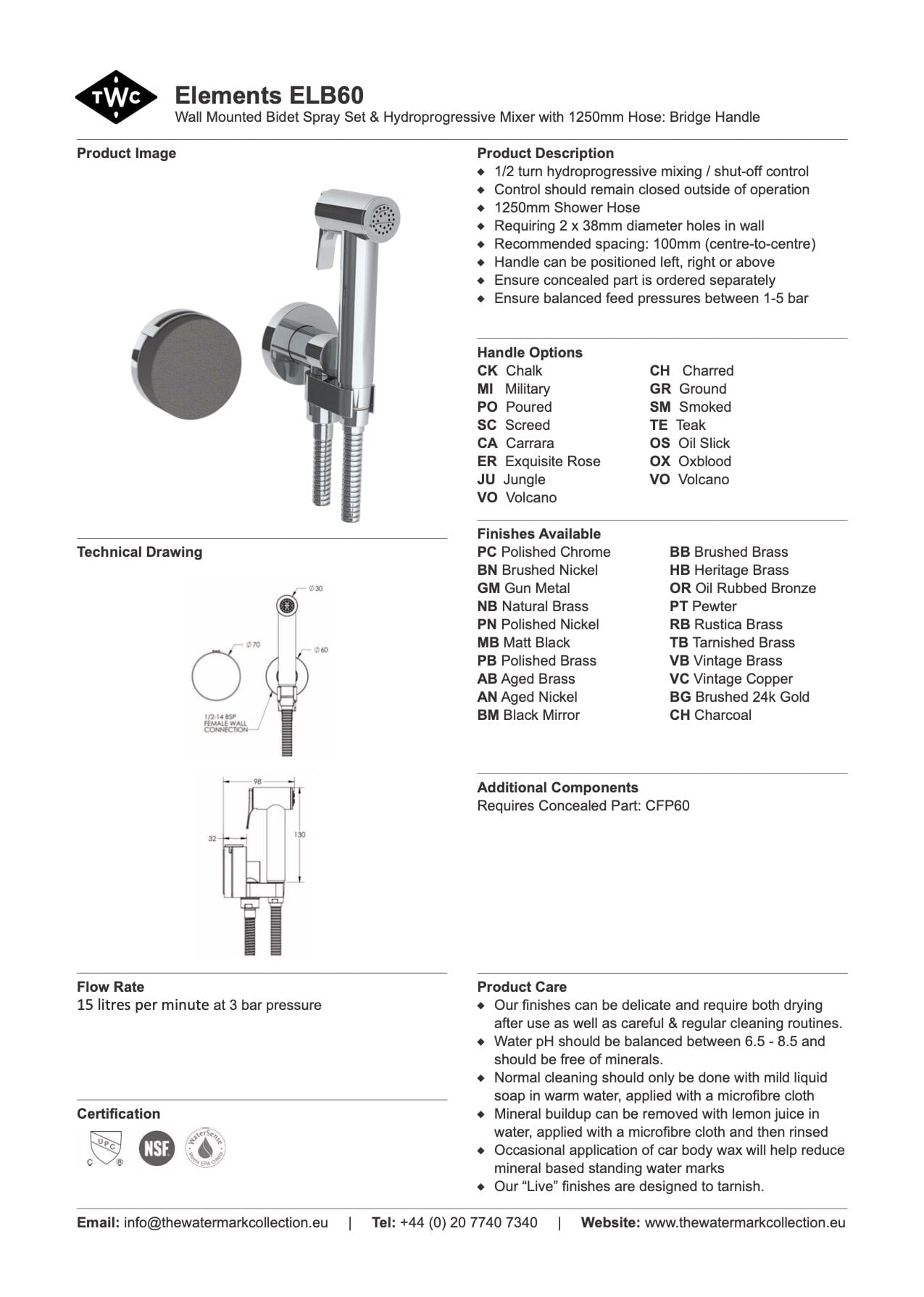 The Watermark Collection Bathroom tapware The Watermark Collection | Elements Handheld Bidet Sprayer Set with Mixer | Bridge Insert