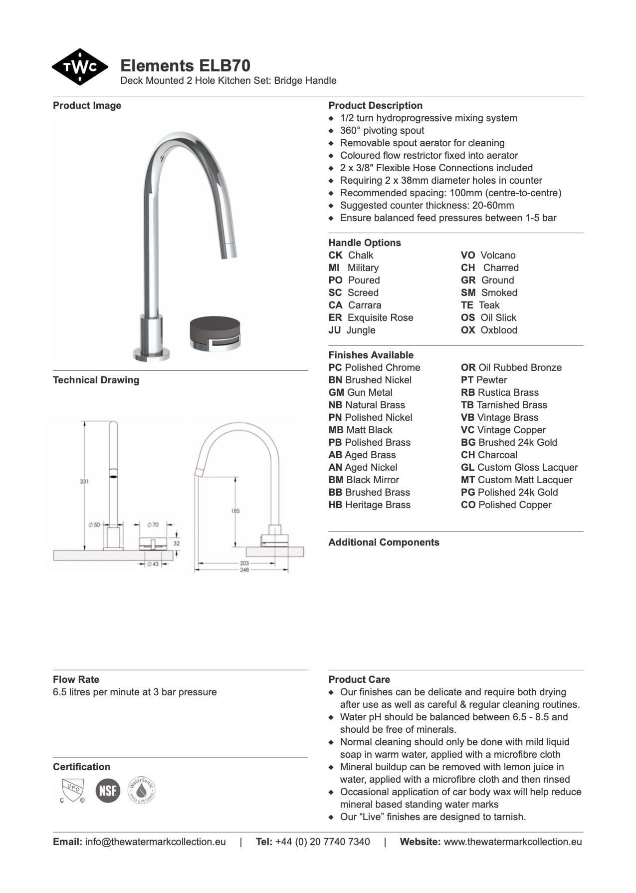 The Watermark Collection Kitchen Tap The Watermark Collection Elements 2 Hole Kitchen Set | Bridge Insert