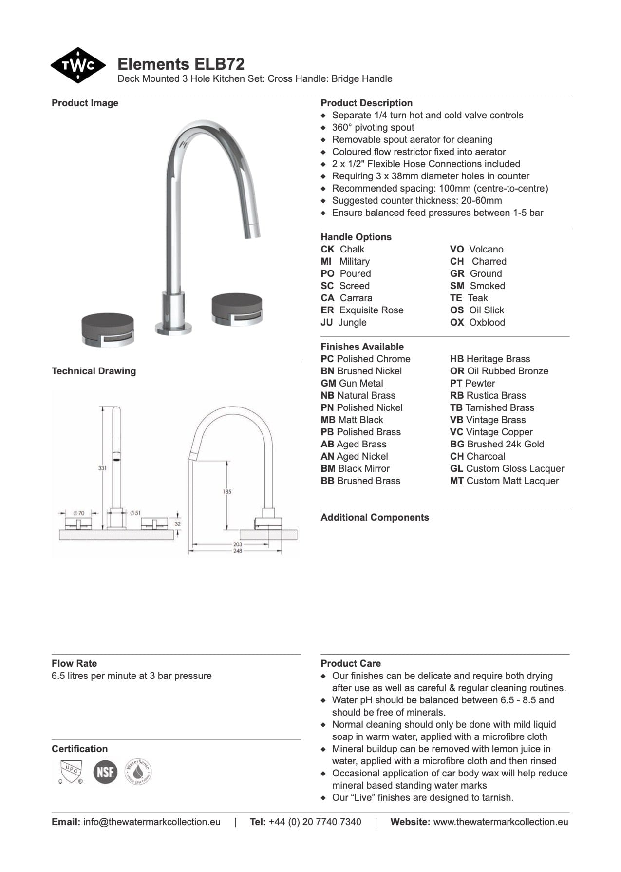 The Watermark Collection Kitchen Tap The Watermark Collection Elements 3 Hole Kitchen Set | Bridge Insert