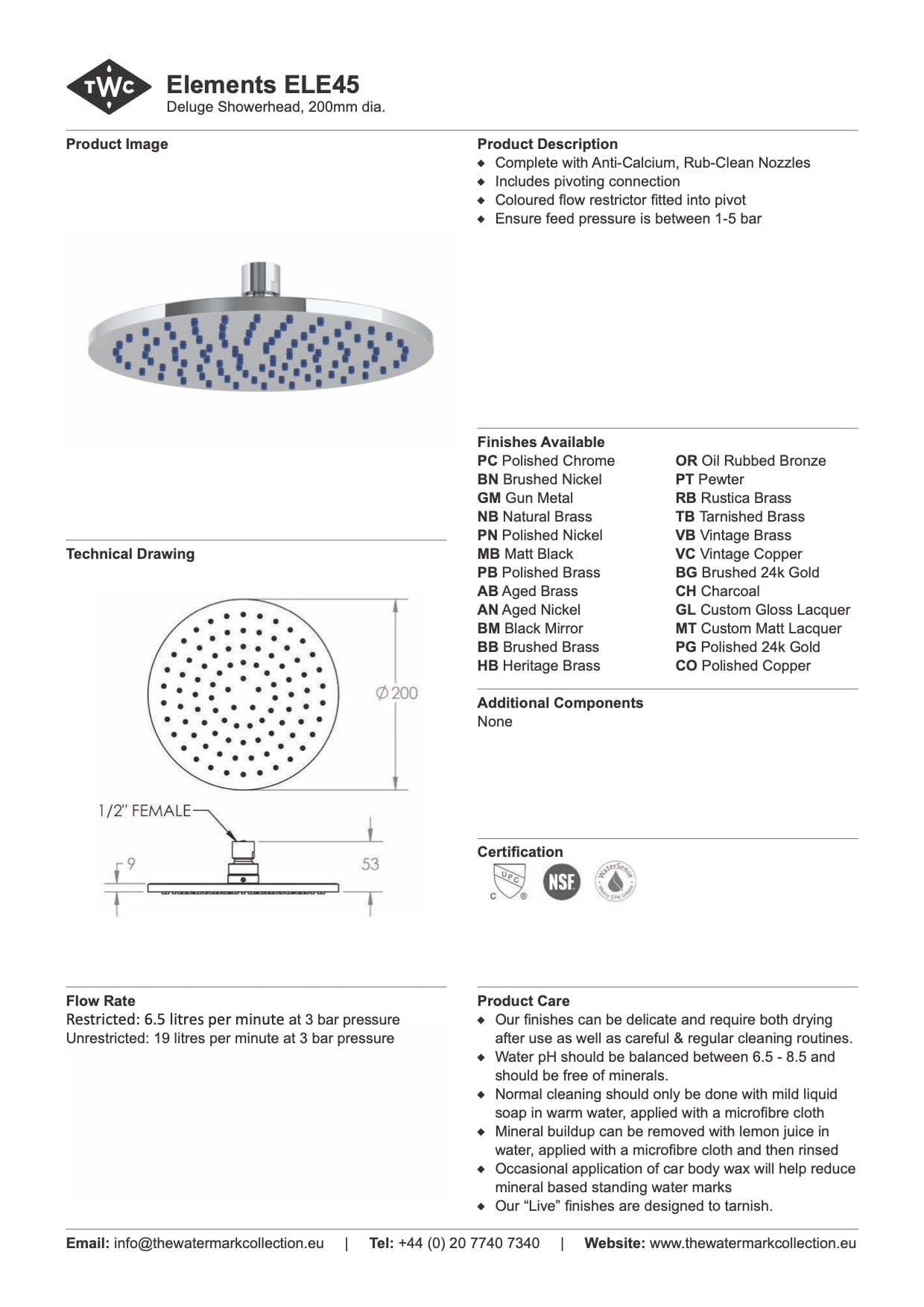 The Watermark Collection Shower Polished Chrome The Watermark Collection Elements Deluge 200mm Shower Head Only