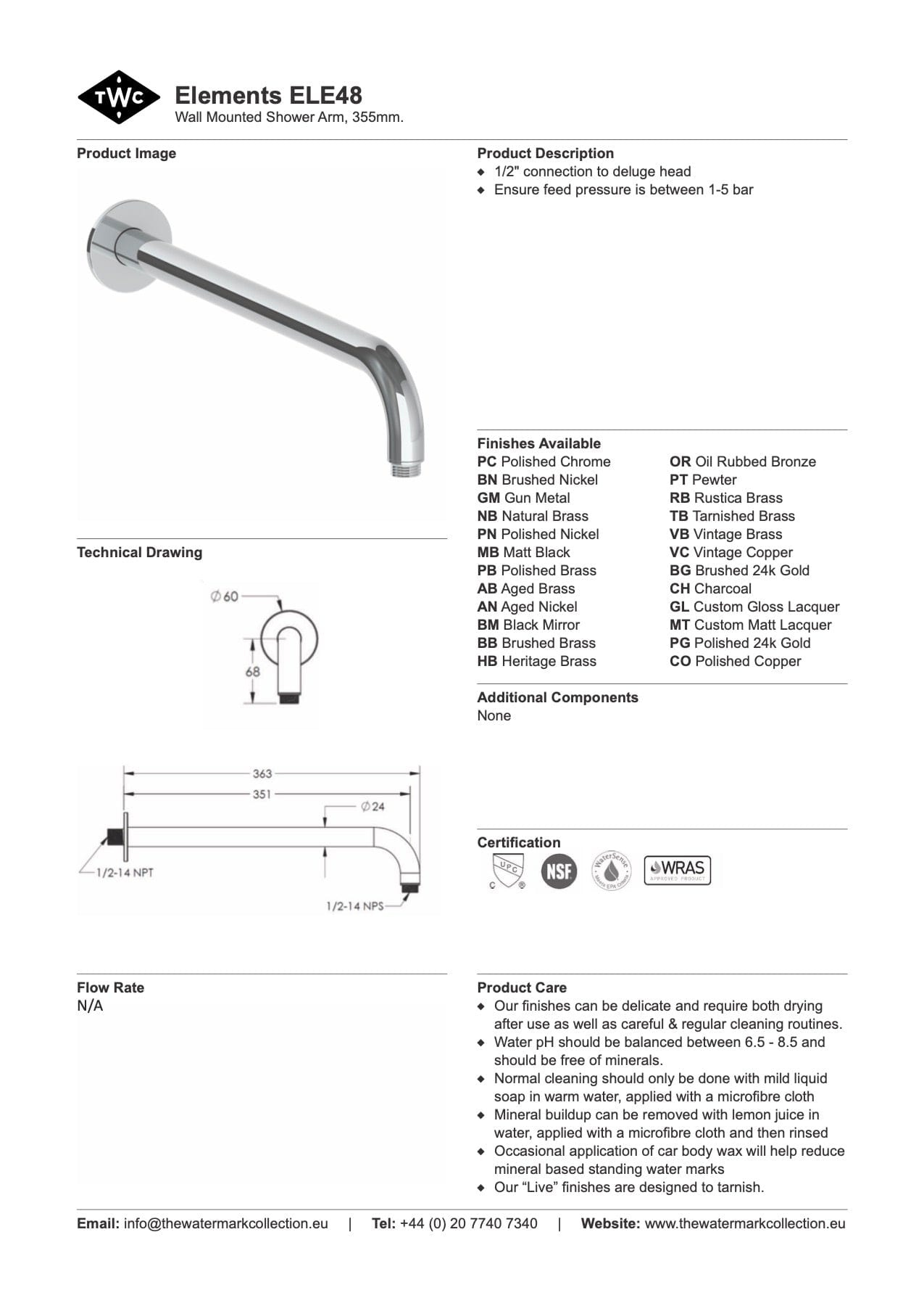 The Watermark Collection Shower Polished Chrome The Watermark Collection Elements Wall Mounted Shower Arm 355mm