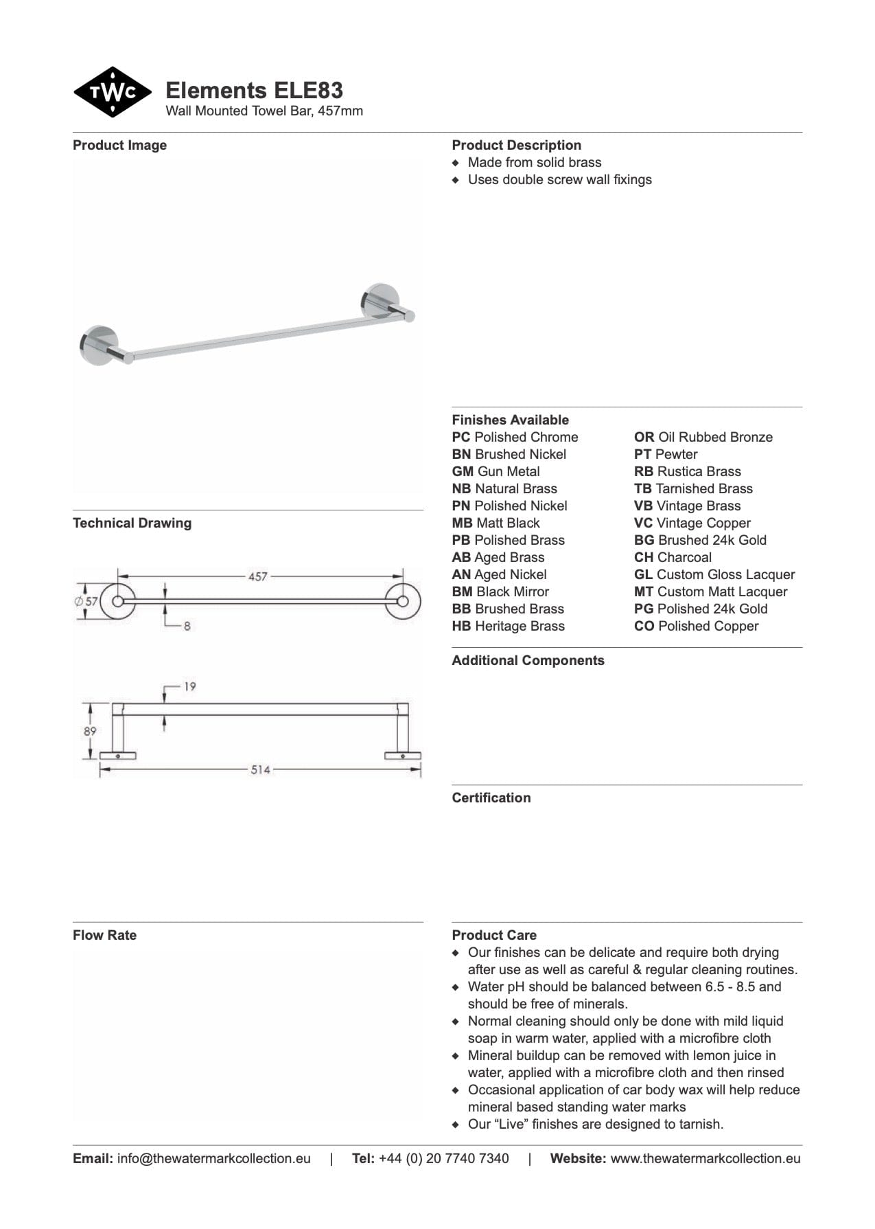 The Watermark Collection Bathroom Accessories Polished Chrome The Watermark Collection Elements Towel Rail 457mm