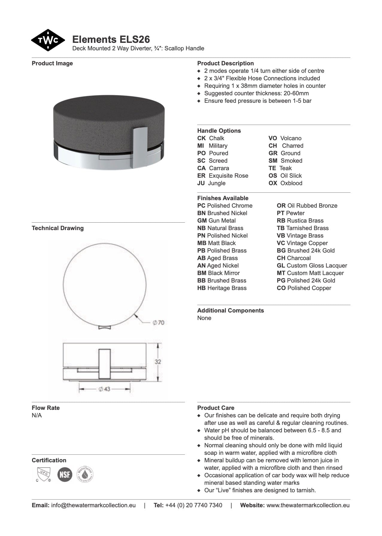 The Watermark Collection Diverter The Watermark Collection Elements Hob Mounted 2 Way Diverter | Scallop Insert