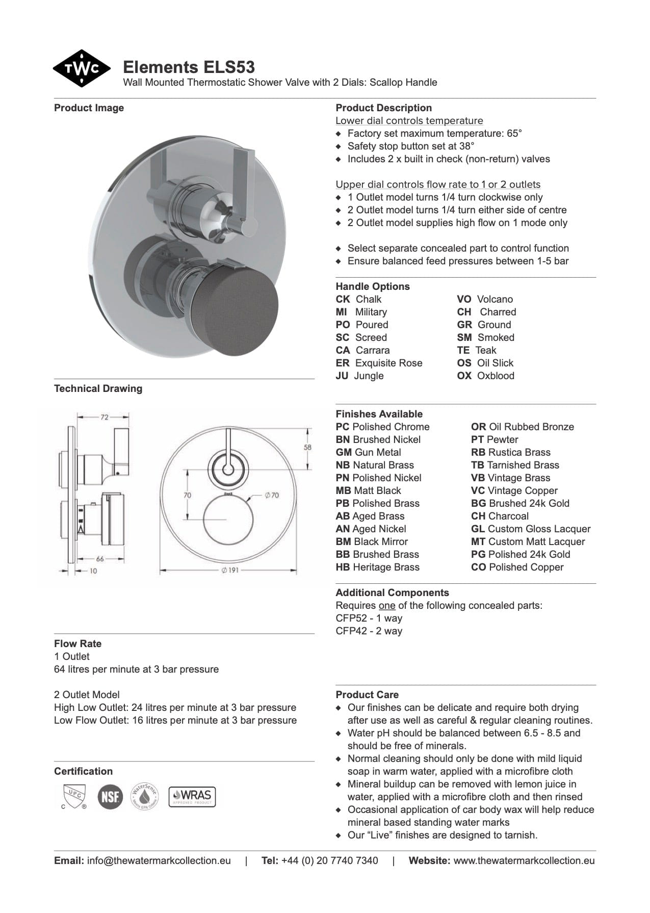 The Watermark Collection Wall Mixers The Watermark Collection Elements Thermostatic Shower Mixer with Diverter | Scallop Insert