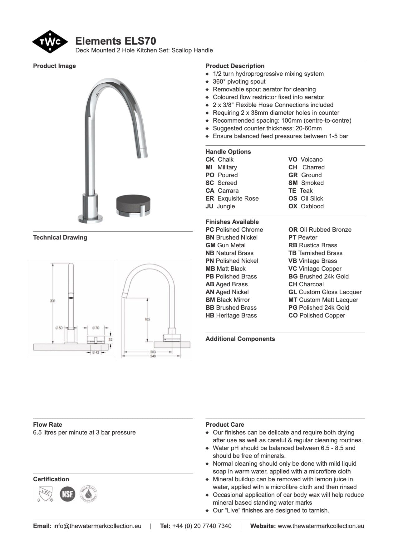 The Watermark Collection Kitchen Tap The Watermark Collection Elements 2 Hole Kitchen Set | Scallop Insert