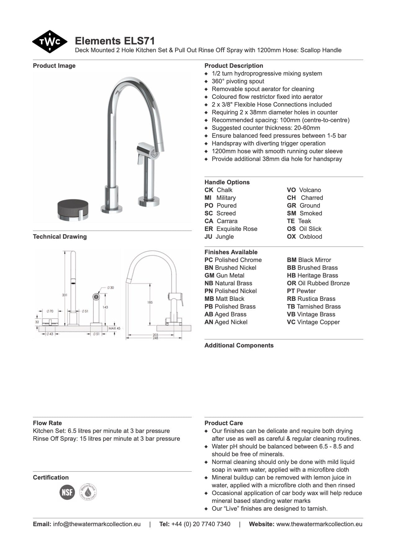 The Watermark Collection Kitchen Tap The Watermark Collection Elements 2 Hole Kitchen Set with Seperate Pull Out Rinse Spray | Scallop Insert