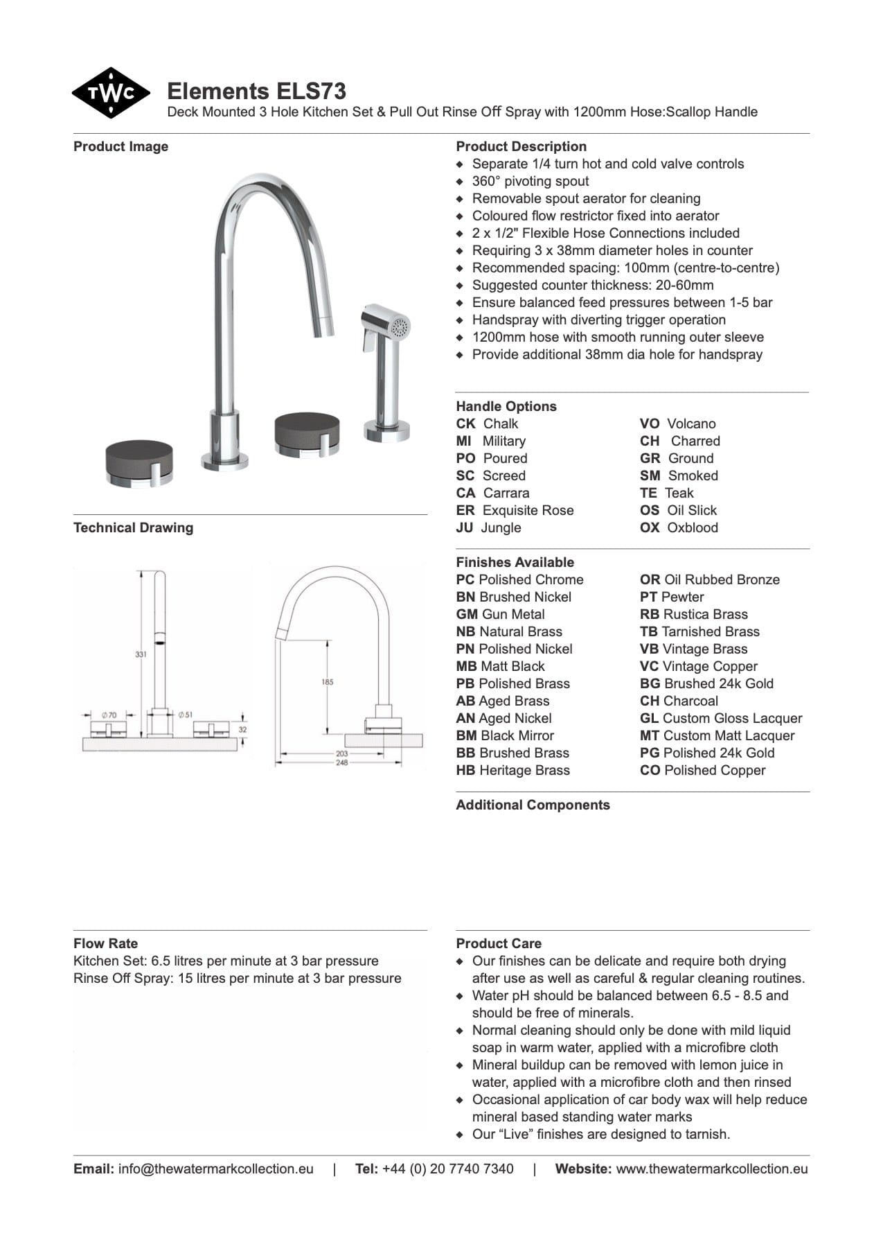 The Watermark Collection Kitchen Tap The Watermark Collection Elements 3 Hole Kitchen Set with Seperate Pull Out Rinse Spray | Scallop Insert