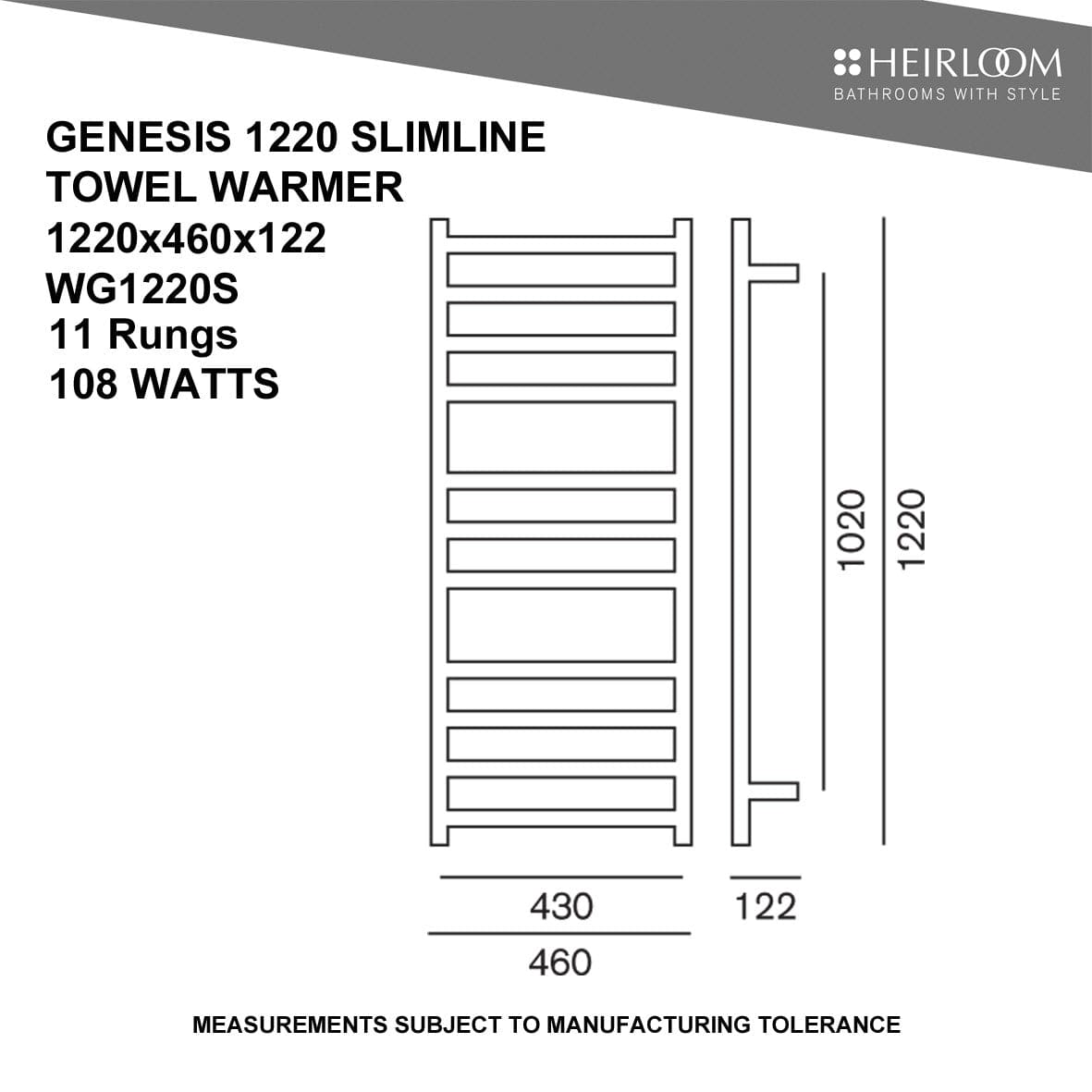 Heirloom Heated Towel Rail Heirloom Genesis 1220 Slimline Heated Towel Ladder | Polished Stainless