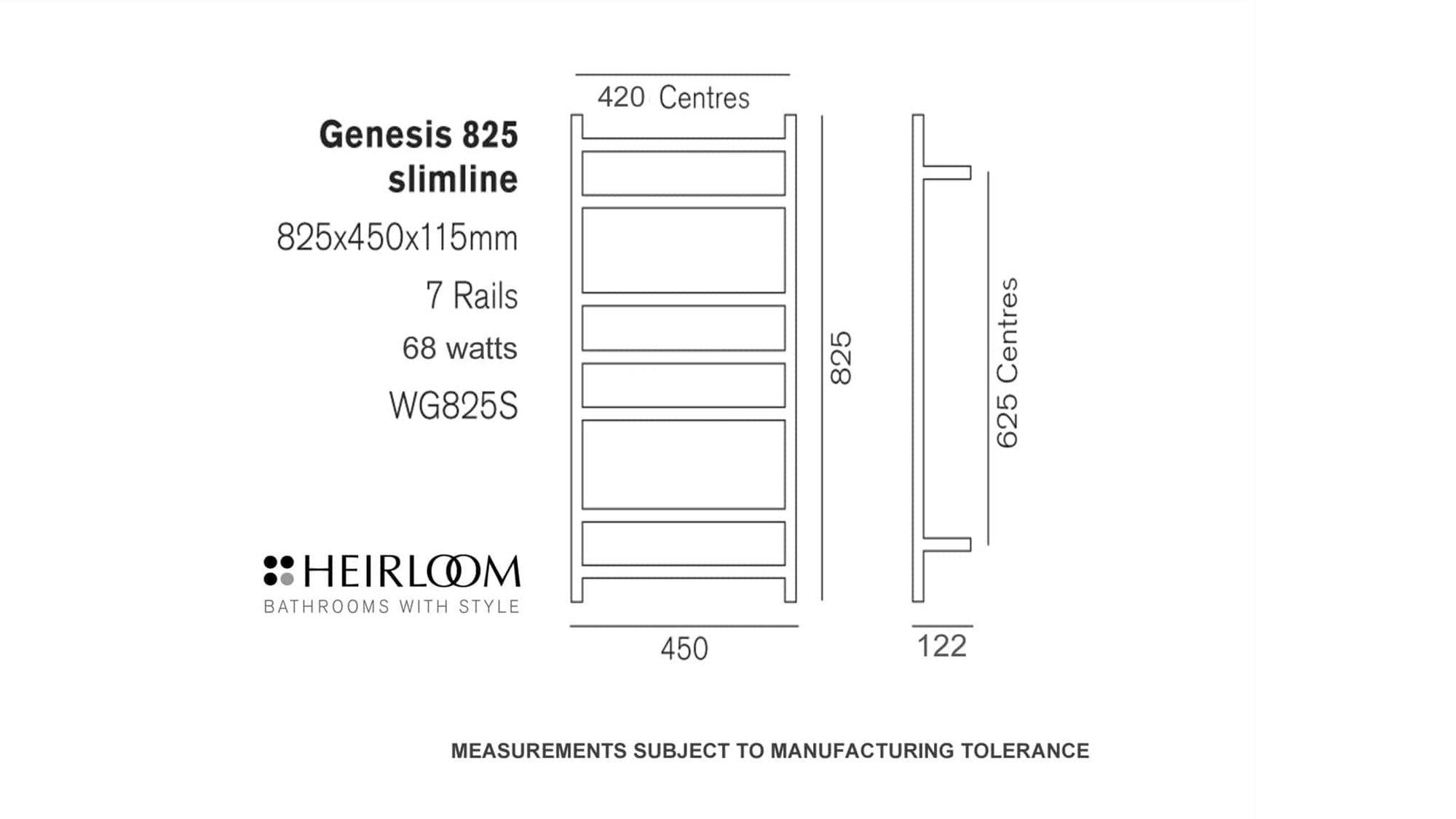 Heirloom Heated Towel Rail Heirloom Genesis 825 Slimline Heated Towel Ladder | Brushed Stainless