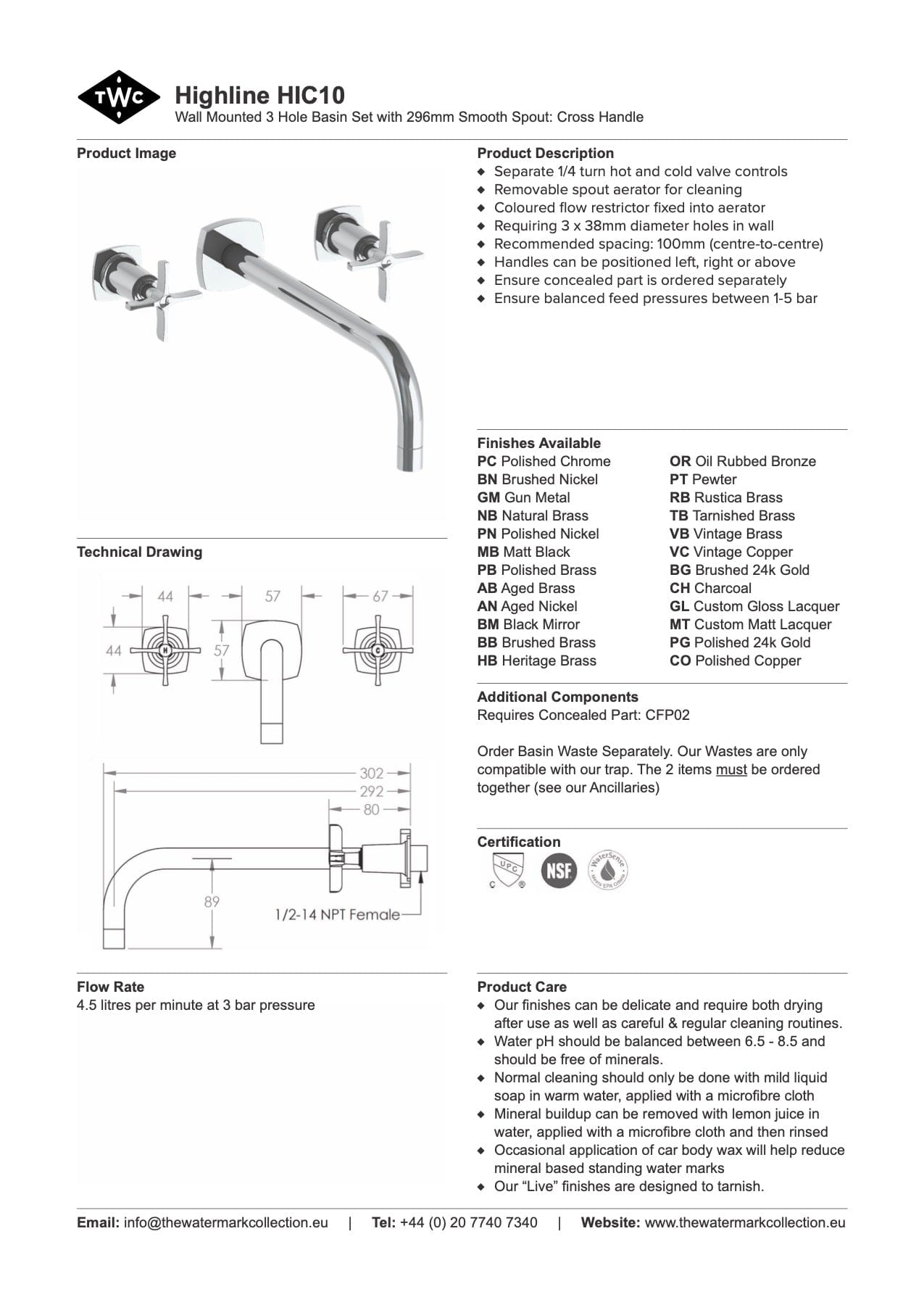 The Watermark Collection Basin Taps Polished Chrome The Watermark Collection Highline Wall Mounted 3 Hole Basin Set with 296mm Smooth Spout | Cross Handle