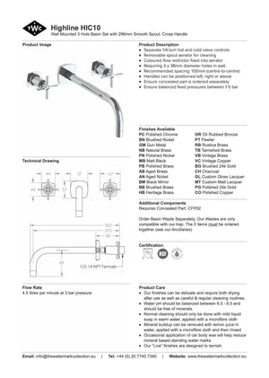The Watermark Collection Basin Taps Polished Chrome The Watermark Collection Highline Wall Mounted 3 Hole Basin Set with 296mm Smooth Spout | Cross Handle