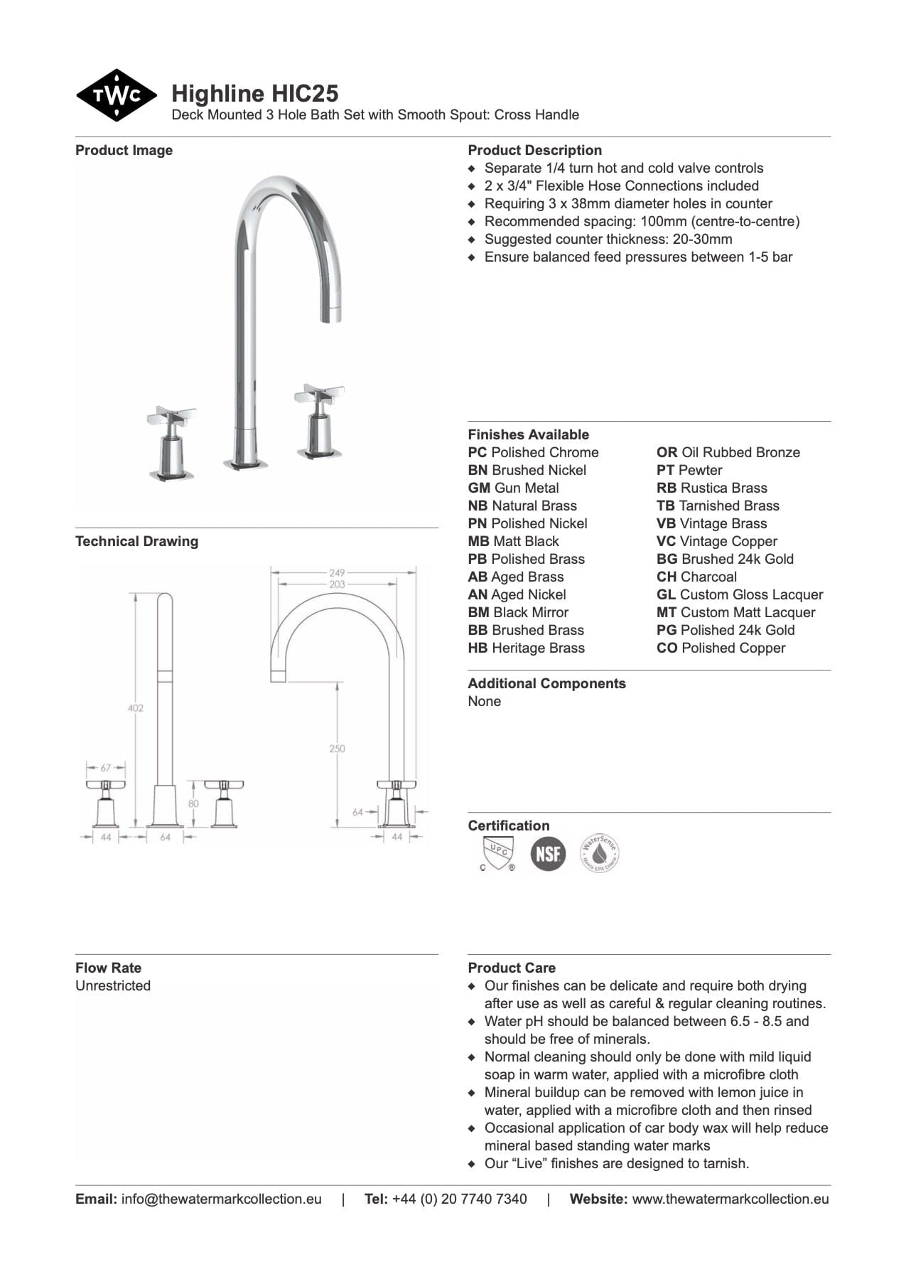 The Watermark Collection Basin Taps Polished Chrome The Watermark Collection Highline 3 Hole Bath Set with Smooth Spout | Cross Handle