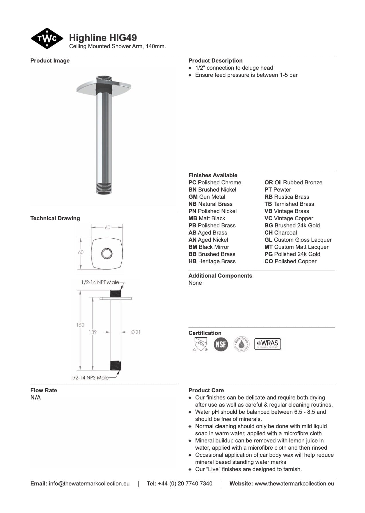 The Watermark Collection Shower Polished Chrome The Watermark Collection Highline Ceiling Mounted Shower Arm 140mm