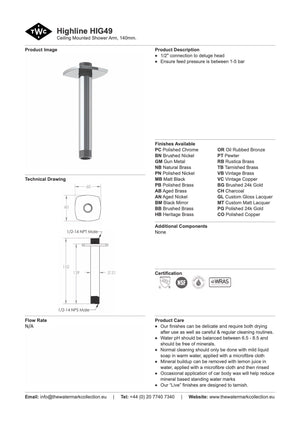 The Watermark Collection Shower Polished Chrome The Watermark Collection Highline Ceiling Mounted Shower Arm 140mm