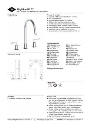The Watermark Collection Kitchen Tap Polished Chrome The Watermark Collection Highline 3 Hole Kitchen Set | Lever Handle