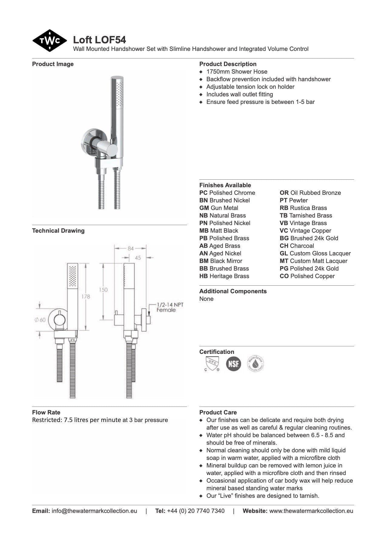 The Watermark Collection Shower Polished Chrome The Watermark Collection Loft Slimline Hand Shower with Integrated Volume Control