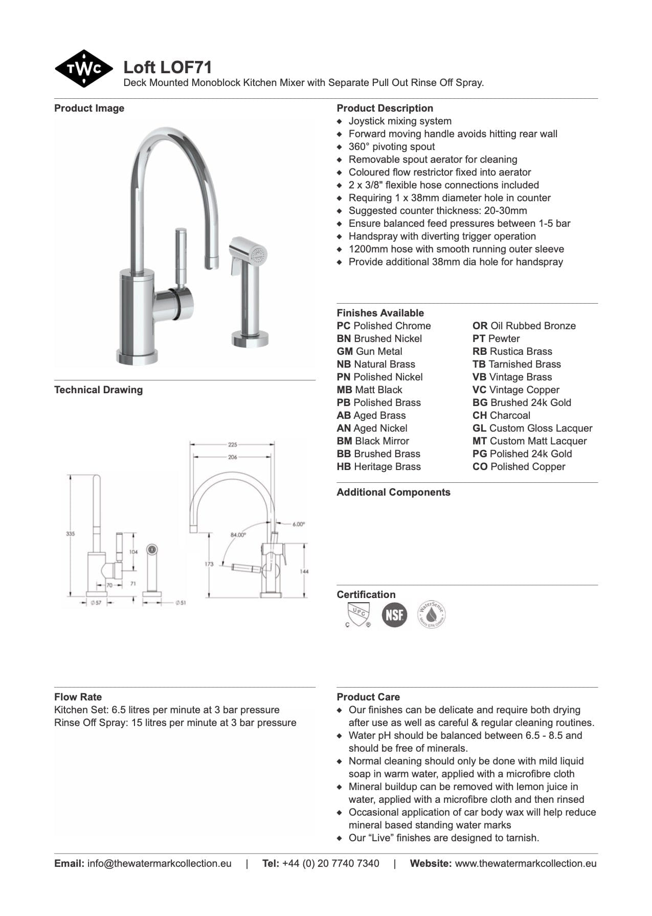 The Watermark Collection Kitchen Tap Polished Chrome The Watermark Collection Loft Monoblock Kitchen Mixer with Seperate Pull Out Rinse Spray