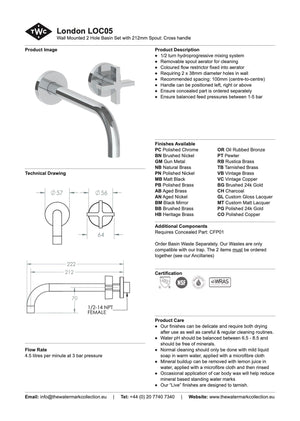 The Watermark Collection Basin Taps Polished Chrome The Watermark Collection London Wall Mounted 2 Hole Basin Set with 212mm Spout | Cross Handle