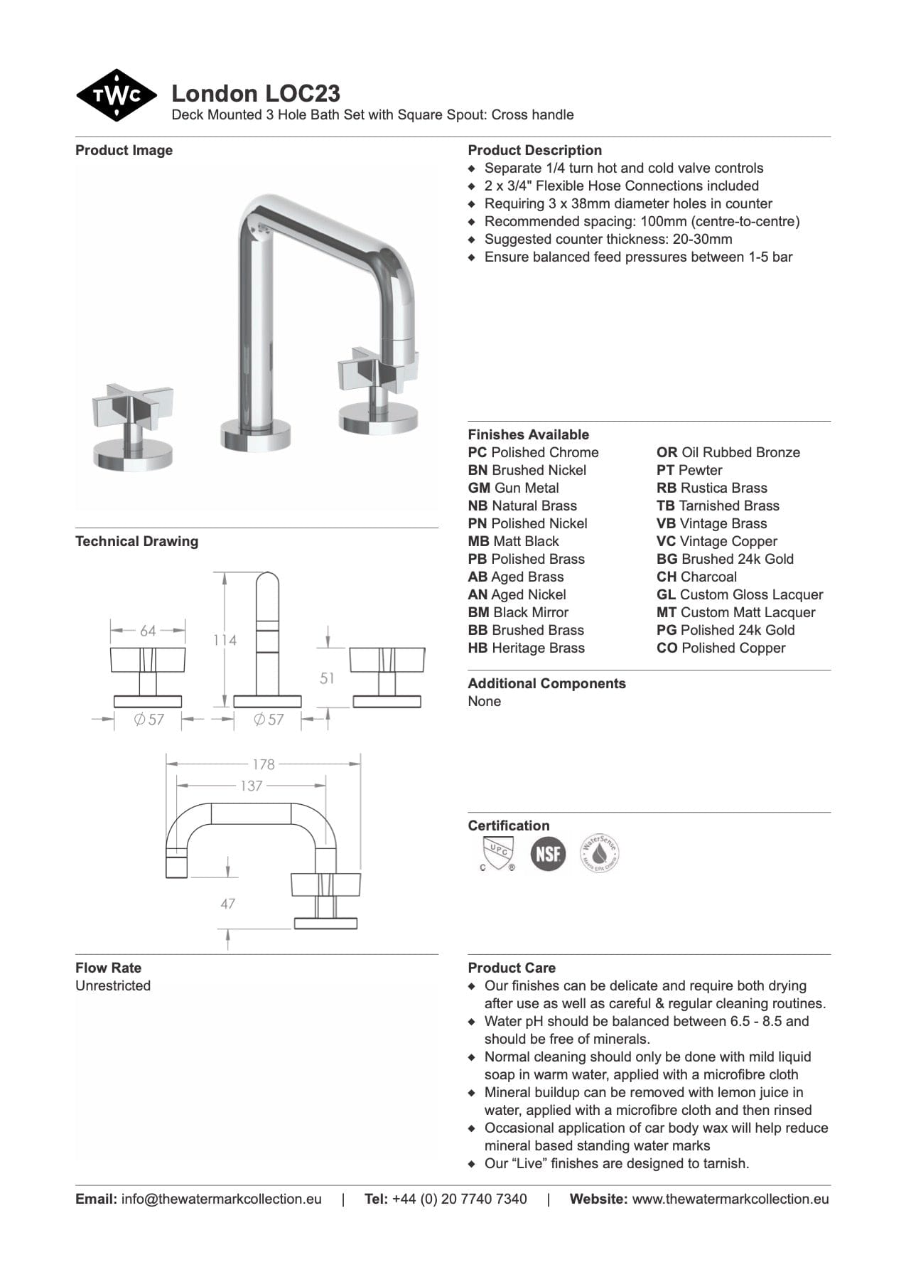 The Watermark Collection Bath Taps Polished Chrome The Watermark Collection London 3 Hole Bath Set with Square Spout | Cross Handle