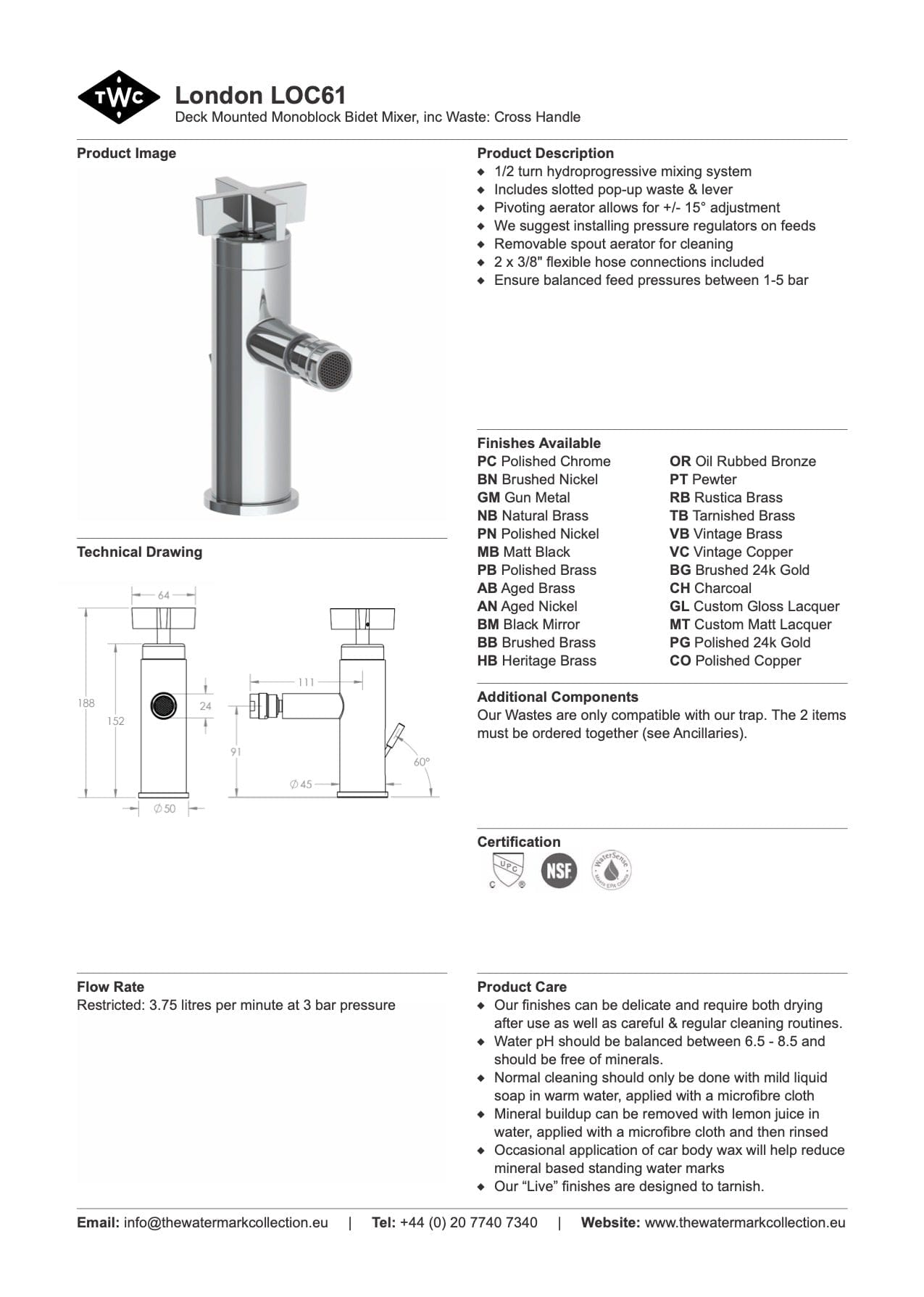 The Watermark Collection Bidet Sprayer Polished Chrome The Watermark Collection | London Monoblock Bidet Sprayer | Cross Handle