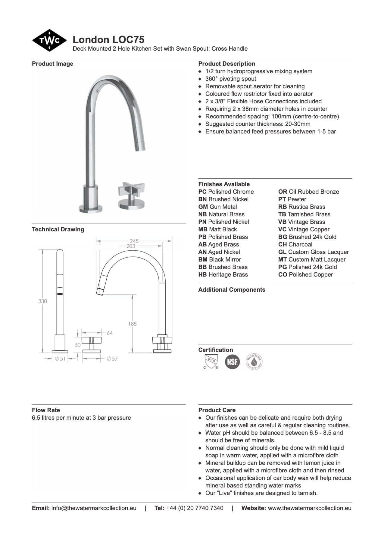 The Watermark Collection Kitchen Taps Polished Chrome The Watermark Collection London 2 Hole Kitchen Set with Swan Spout | Cross Handle