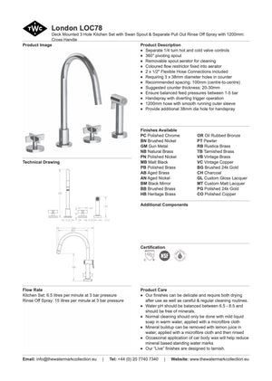 The Watermark Collection Kitchen Taps Polished Chrome The Watermark Collection London 3 Hole Kitchen Set with Swan Spout & Seperate Pull Out Rinse Spray | Cross Handle