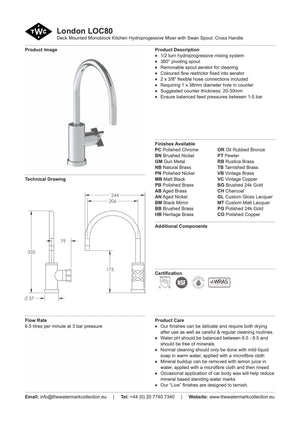 The Watermark Collection Kitchen Taps Polished Chrome The Watermark Collection London Monoblock Kitchen Mixer with Swan Spout | Cross Handle