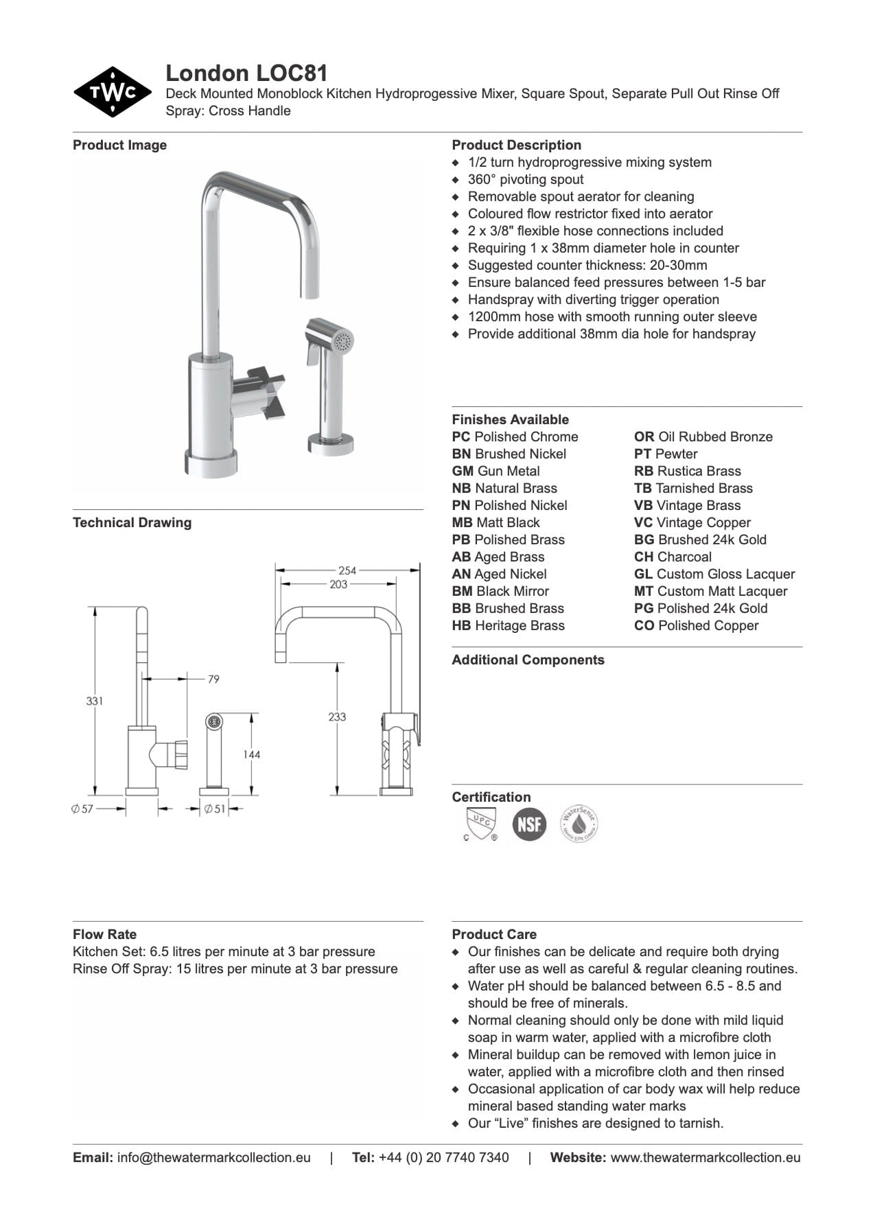 The Watermark Collection Kitchen Taps Polished Chrome The Watermark Collection London Monoblock Kitchen Mixer with Square Spout & Seperate Pull Out Rinse Spray | Cross Handle