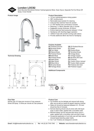 The Watermark Collection Kitchen Taps Polished Chrome The Watermark Collection London Monoblock Kitchen Mixer with Swan Spout & Seperate Pull Out Rinse Spray | Cross Handle