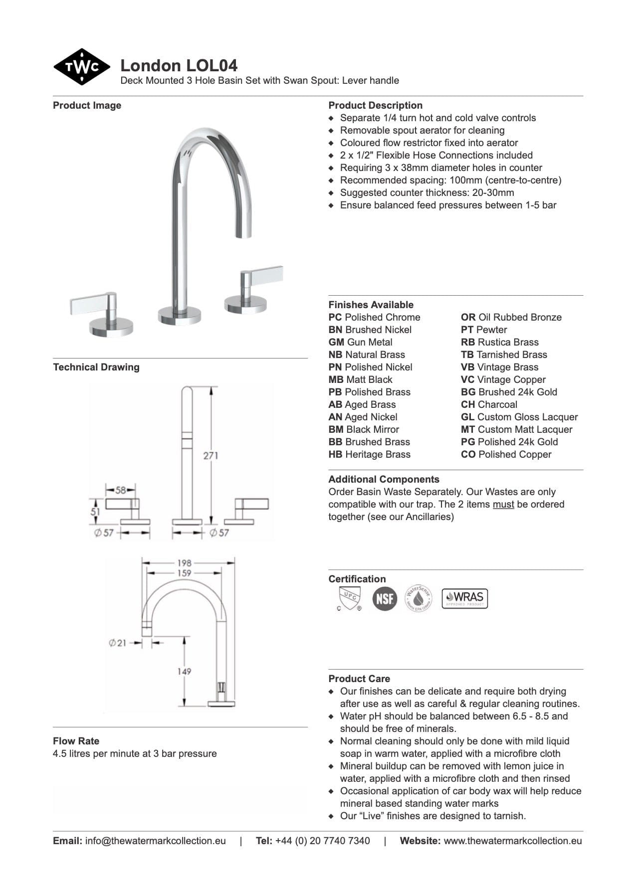 The Watermark Collection Basin Taps Polished Chrome The Watermark Collection London 3 Hole Basin Set with Swan Spout | Lever Handle