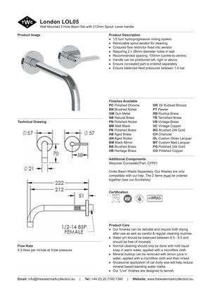 The Watermark Collection Basin Taps Polished Chrome The Watermark Collection London Wall Mounted 2 Hole Basin Set with 212mm Spout | Lever Handle