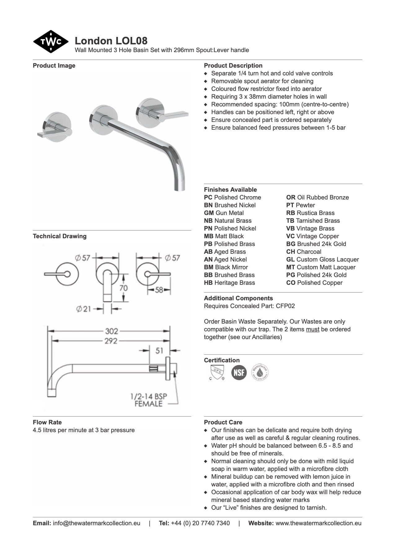 The Watermark Collection Basin Taps Polished Chrome The Watermark Collection London Wall Mounted 3 Hole Basin Set with 296mm Spout | Lever Handle