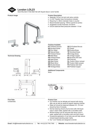 The Watermark Collection Bath Taps Polished Chrome The Watermark Collection London 3 Hole Bath Set with Square Spout | Lever Handle
